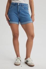 Short Mujer Mom Tiro Alto Azul