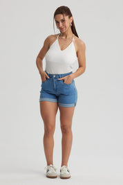 Short Mujer Mom Tiro Alto Azul