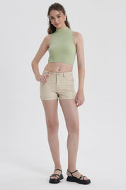 Short Mujer Color Roll Up Tiro Alto Beige Claro