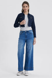 Chaqueta azul mujer con botones y bolsillos frontales