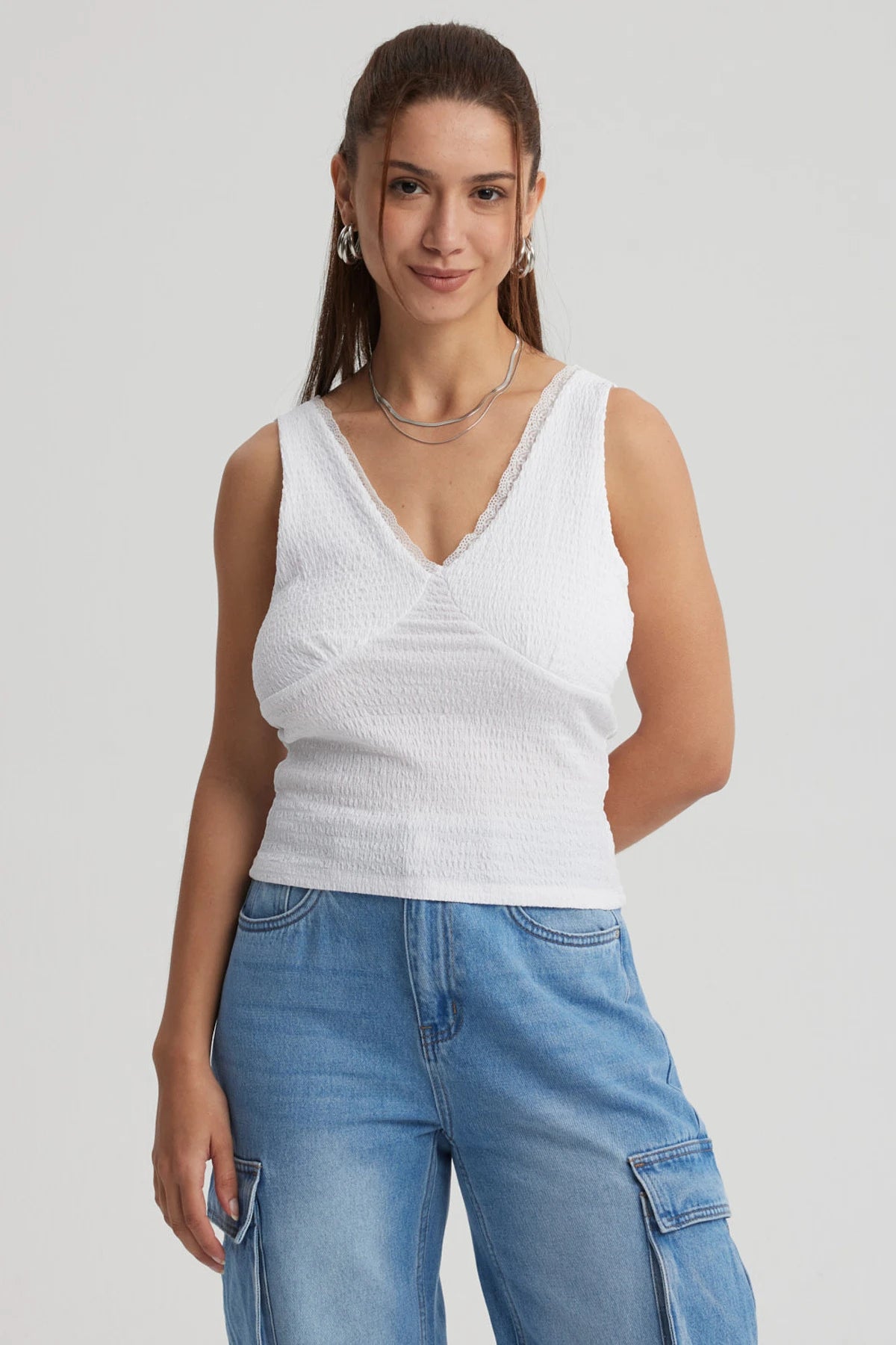 Polera Mujer Textura Escote V Blanco