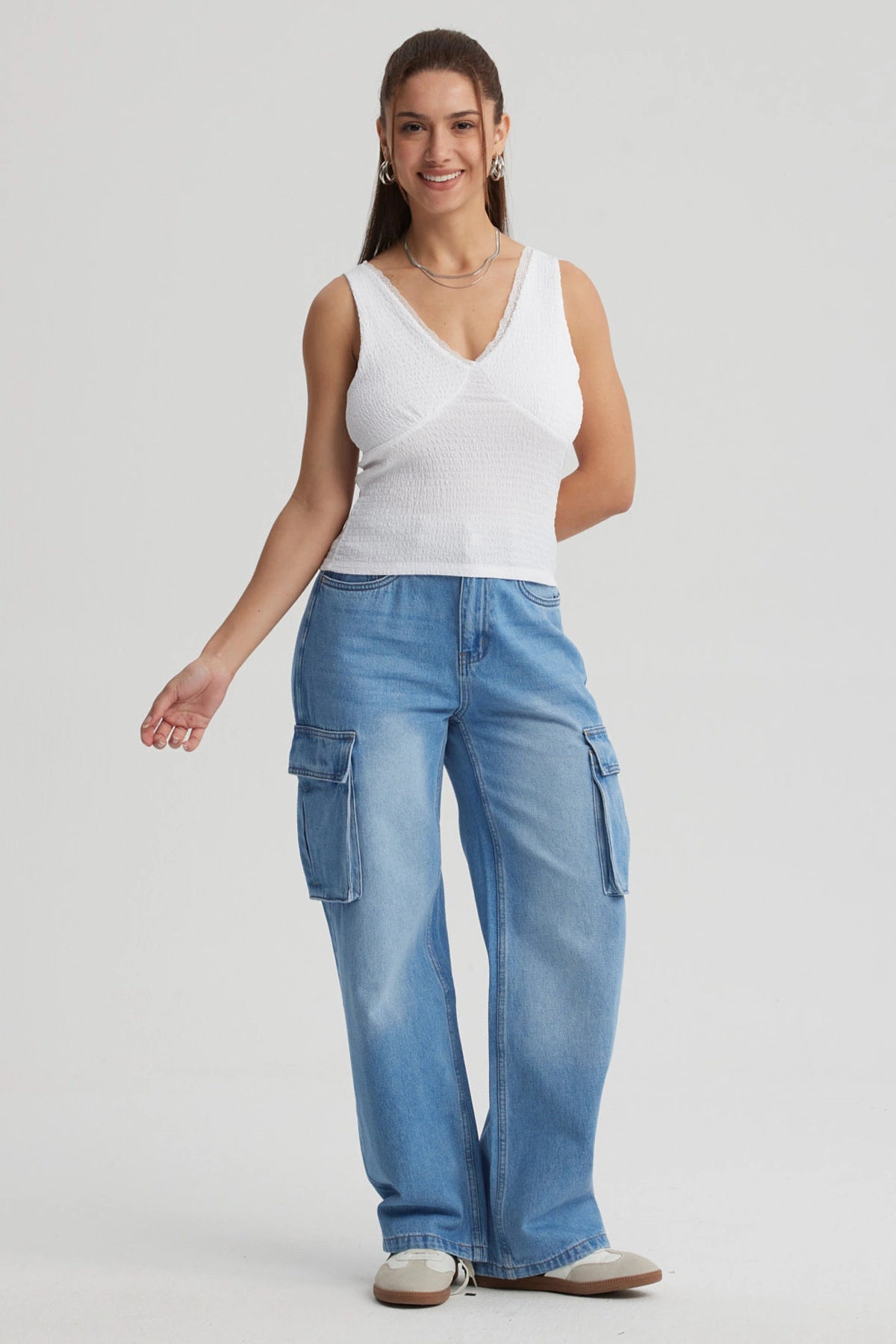 Polera Mujer Textura Escote V Blanco