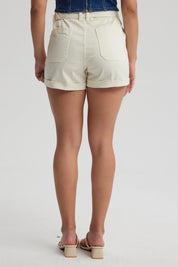 Short Mujer Mom Tiro Alto Bolsillo Diagonal Crudo