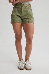 Short Mujer Mom Tiro Alto Bolsillo Diagonal Verde Militar