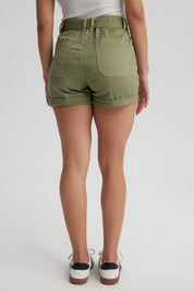 Short Mujer Mom Tiro Alto Bolsillo Diagonal Verde Militar