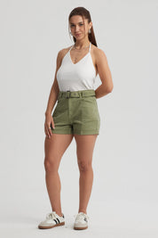 Short Mujer Mom Tiro Alto Bolsillo Diagonal Verde Militar