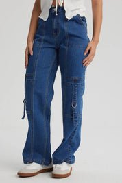 Jeans Mujer Calce Recto Cargo Amarra Azul