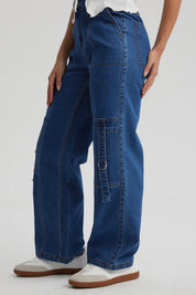 Jeans Mujer Calce Recto Cargo Amarra Azul