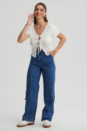 Jeans Mujer Calce Recto Cargo Amarra Azul