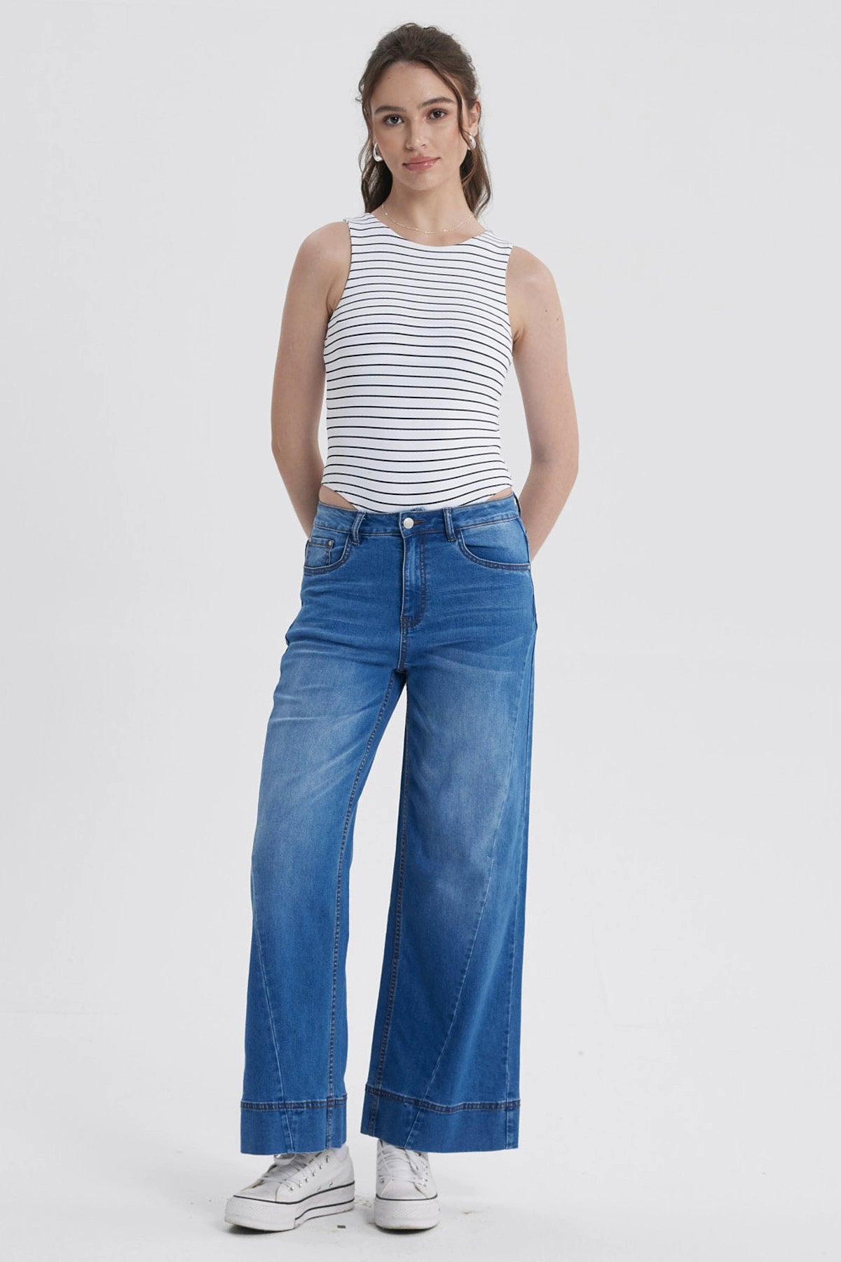 Jeans Mujer Wide Leg Diagonal Azul