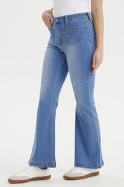 Jeans Mujer Flare Bolsiillos Azul
