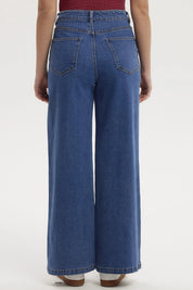 Jeans mujer wide leg azul oscuro con diseño liso costuras visibles estilo casual y corte amplio