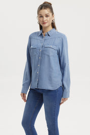 Blusa Mujer Clásica Bolsillo Azul Claro