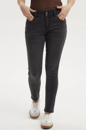 Jeans mujer skinny negro ajustados con dos botones delanteros y cinco bolsillos sin estampa lisa