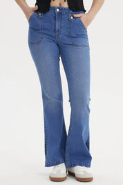 Jeans Mujer Flare Botones Azul