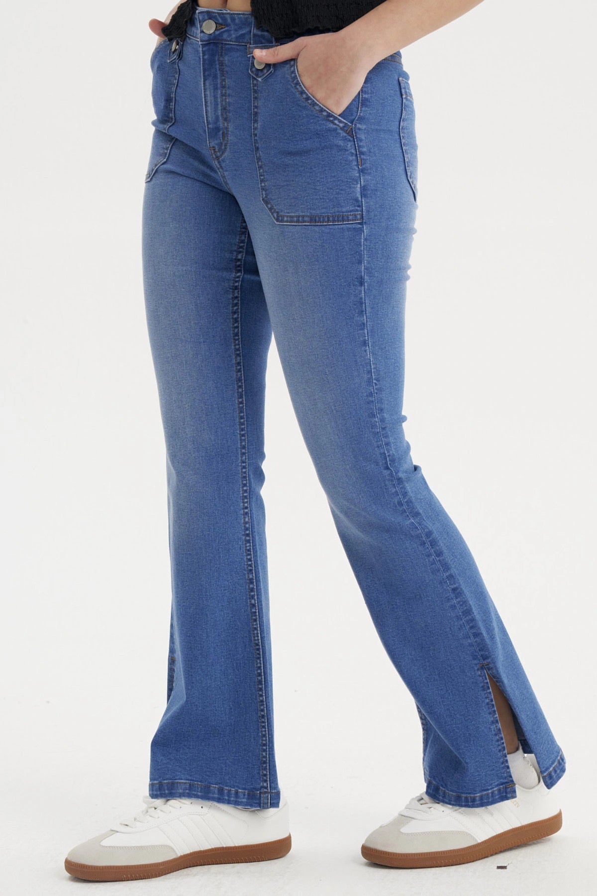 Jeans Mujer Flare Botones Azul