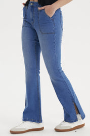 Jeans Mujer Flare Botones Azul