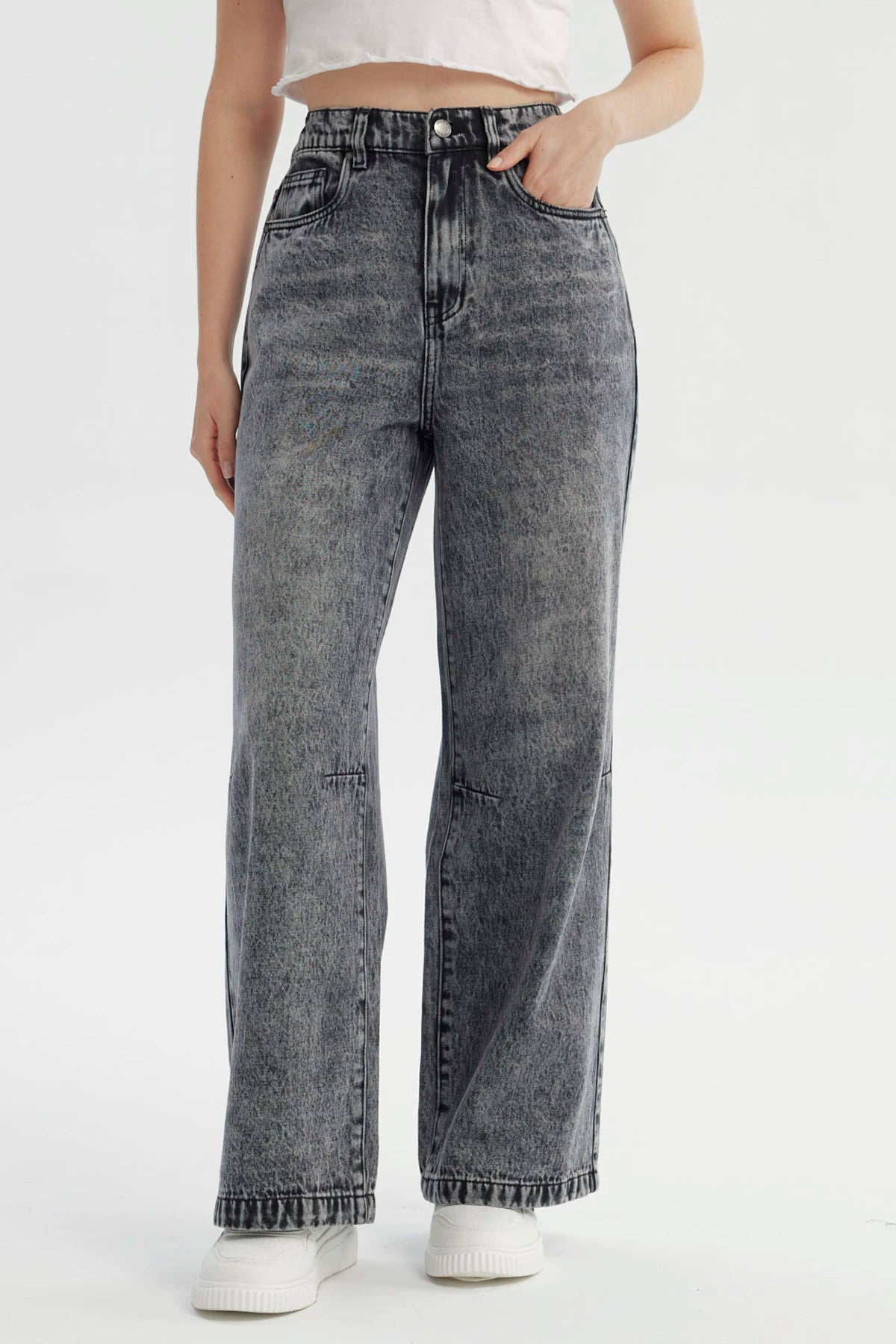 Jeans Mujer Moda Wide Leg Gris