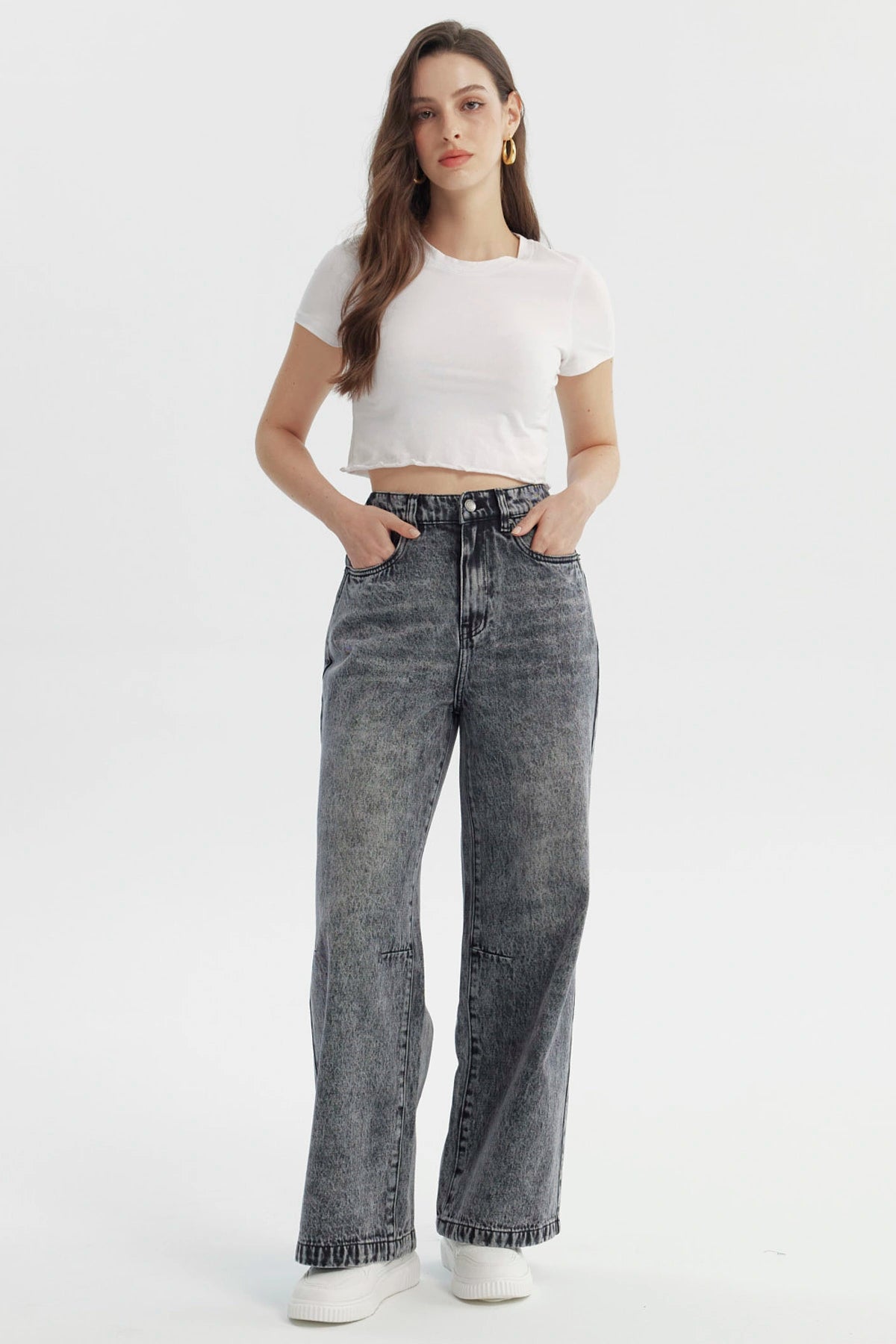 Jeans Mujer Moda Wide Leg Gris