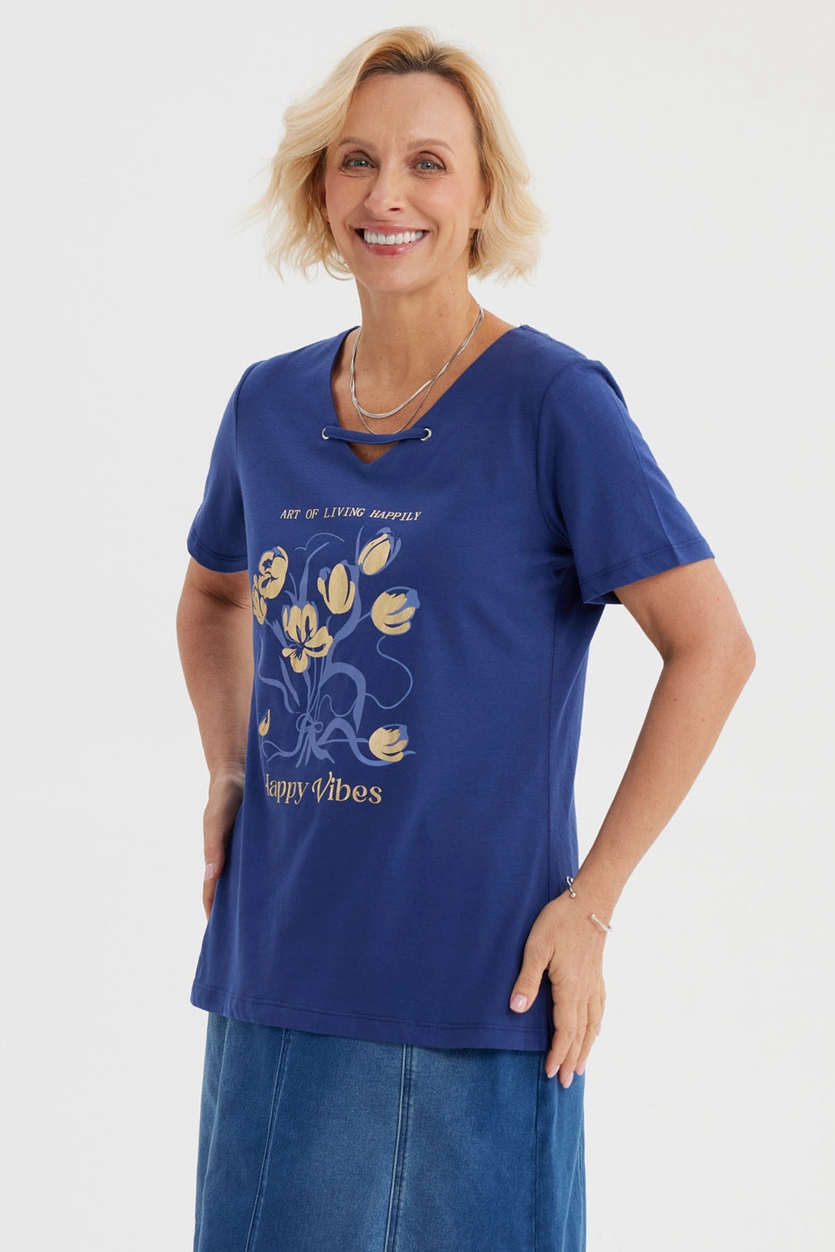 Polera Mujer Con Estampado Azul Oscuro