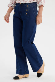 Jeans Mujer Flare Botones Delantero Azul Oscuro