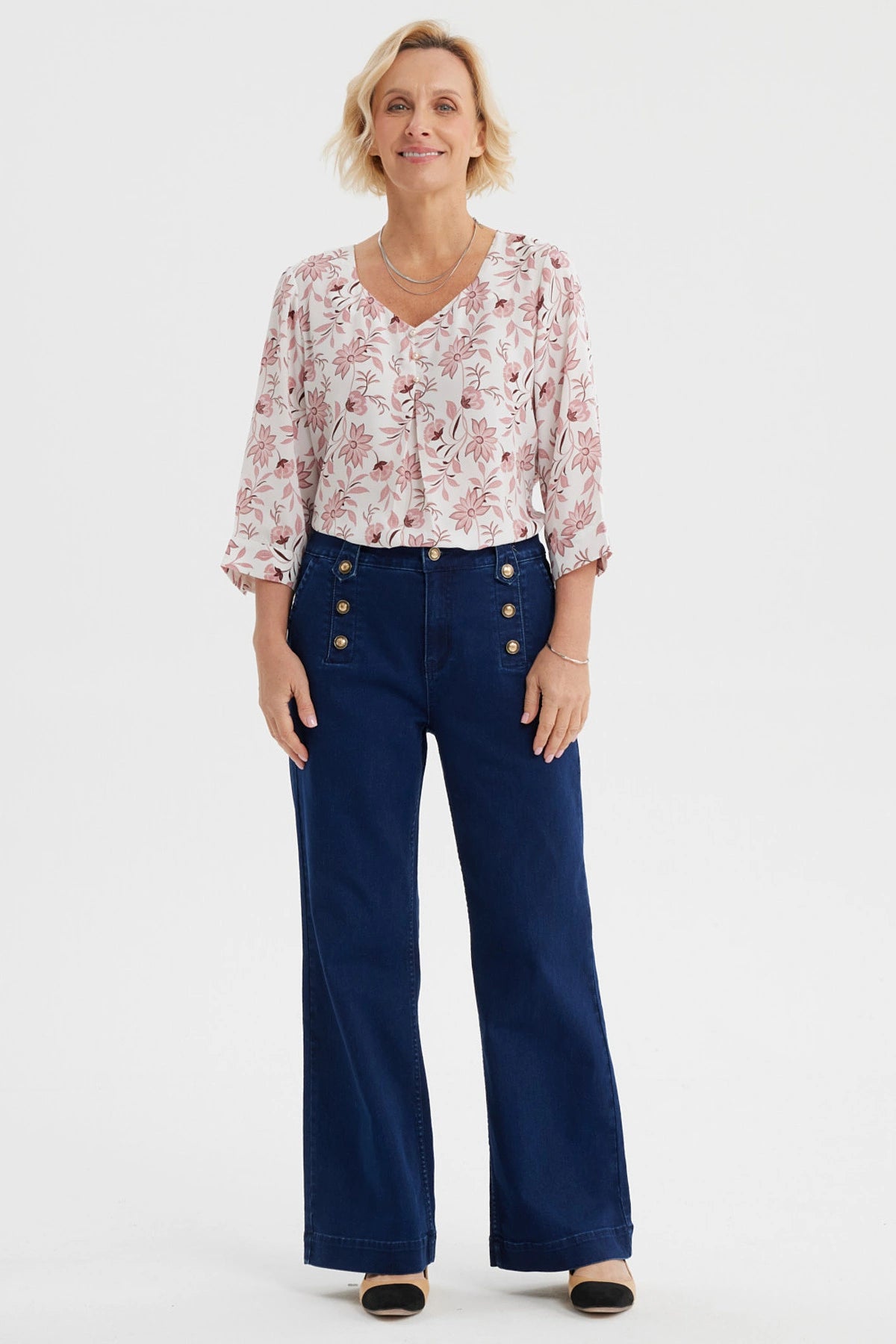 Jeans Mujer Flare Botones Delantero Azul Oscuro