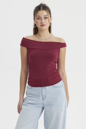 Polera mujer bardot vino con hombros descubiertos y ajuste con nudo al frente lisa y ajustada