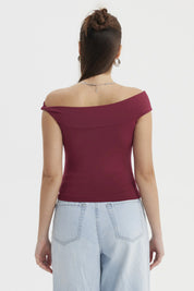 Polera mujer bardot vino con hombros descubiertos y ajuste con nudo al frente lisa y ajustada