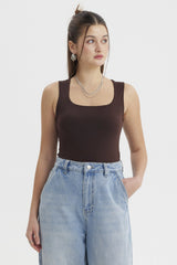 Polera Mujer Escote Cuadrado Liso Café Oscuro
