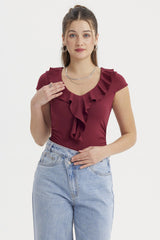 Polera Mujer Con Vuelos Rojo