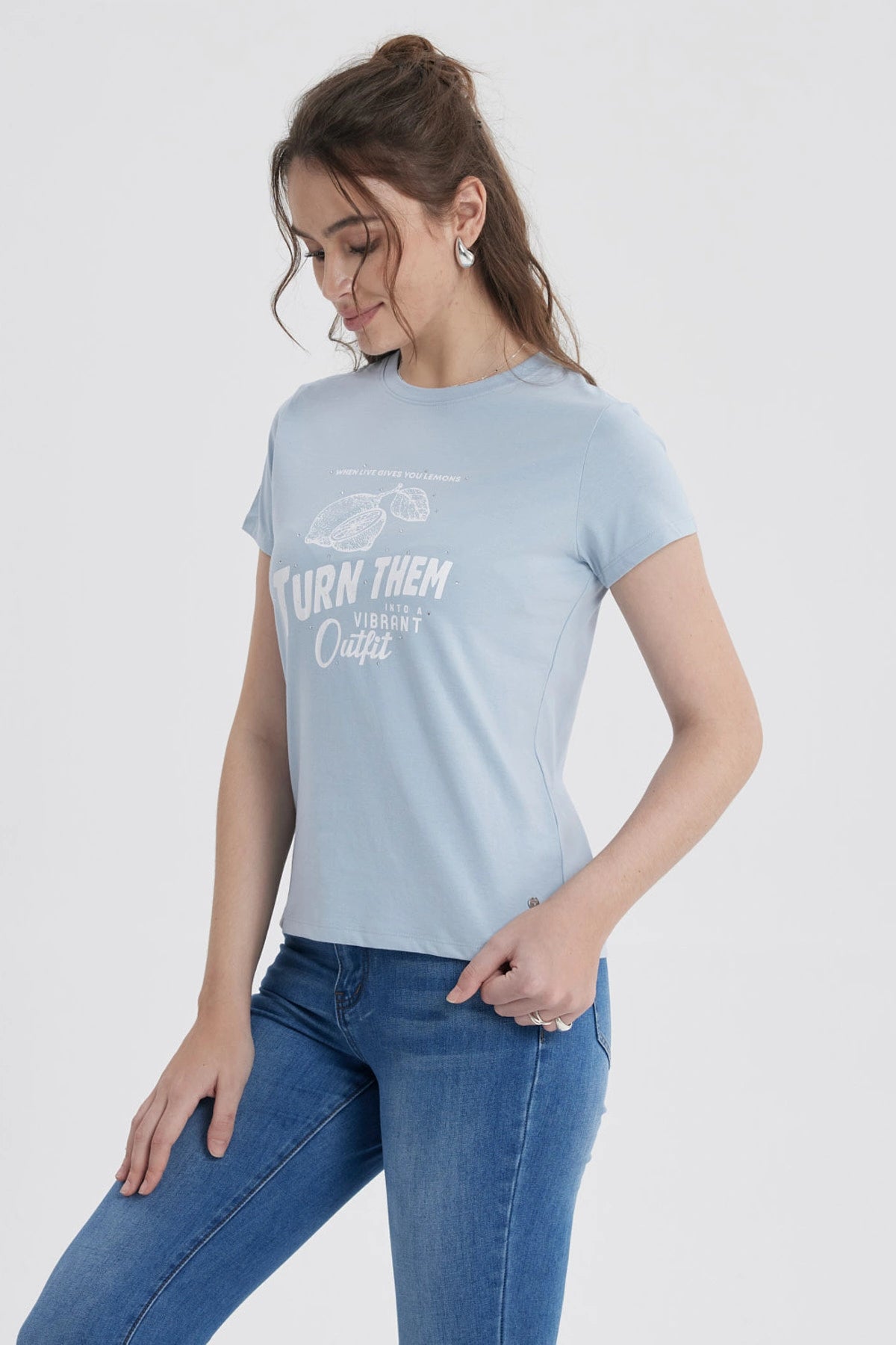 Polera Mujer Básica Print Celeste
