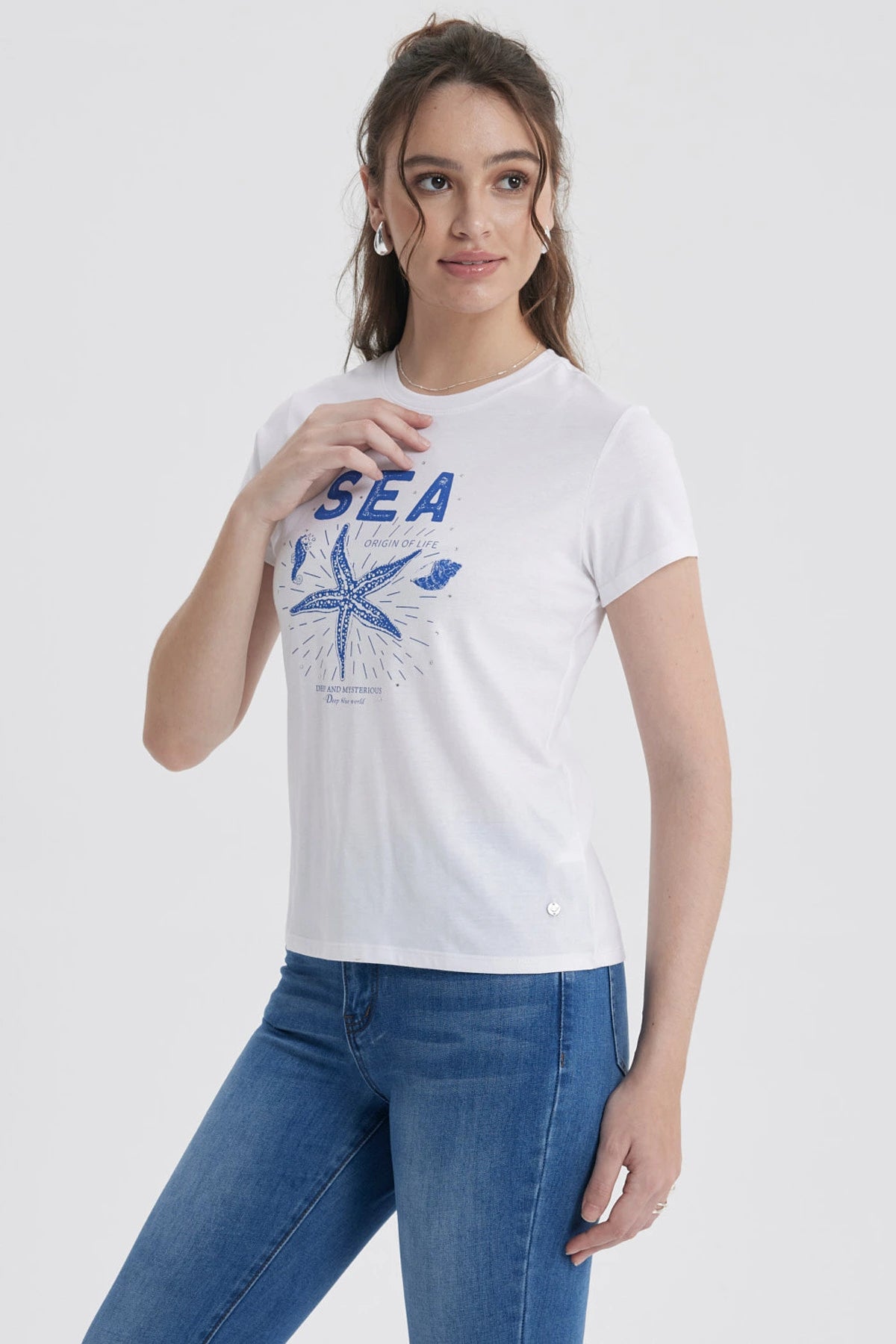 Polera Mujer Básica Print Blanco / Azul Marino / Celeste