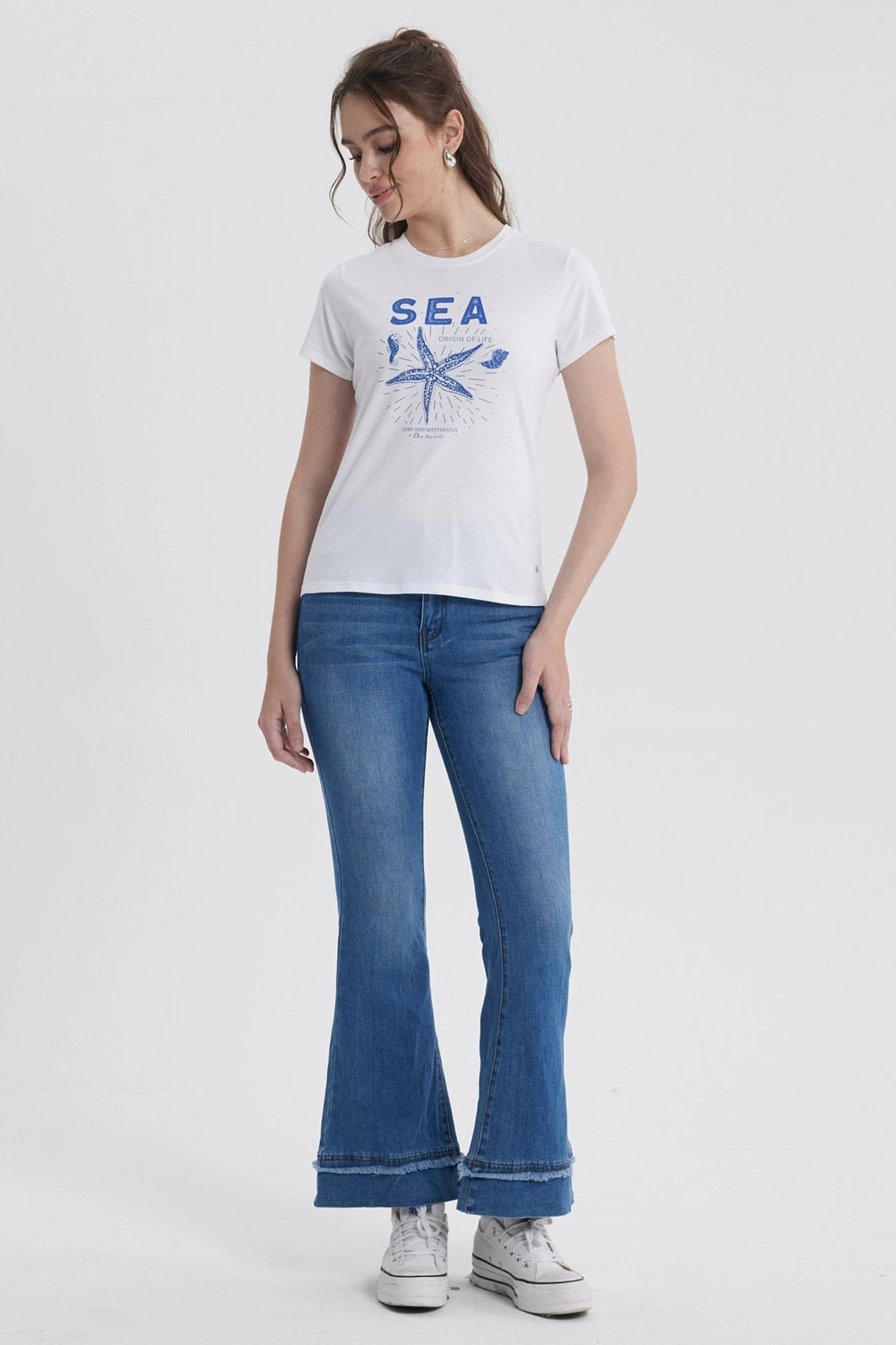Polera Mujer Básica Print Blanco / Azul Marino / Celeste