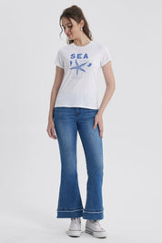 Polera Mujer Básica Print Blanco / Azul Marino / Celeste