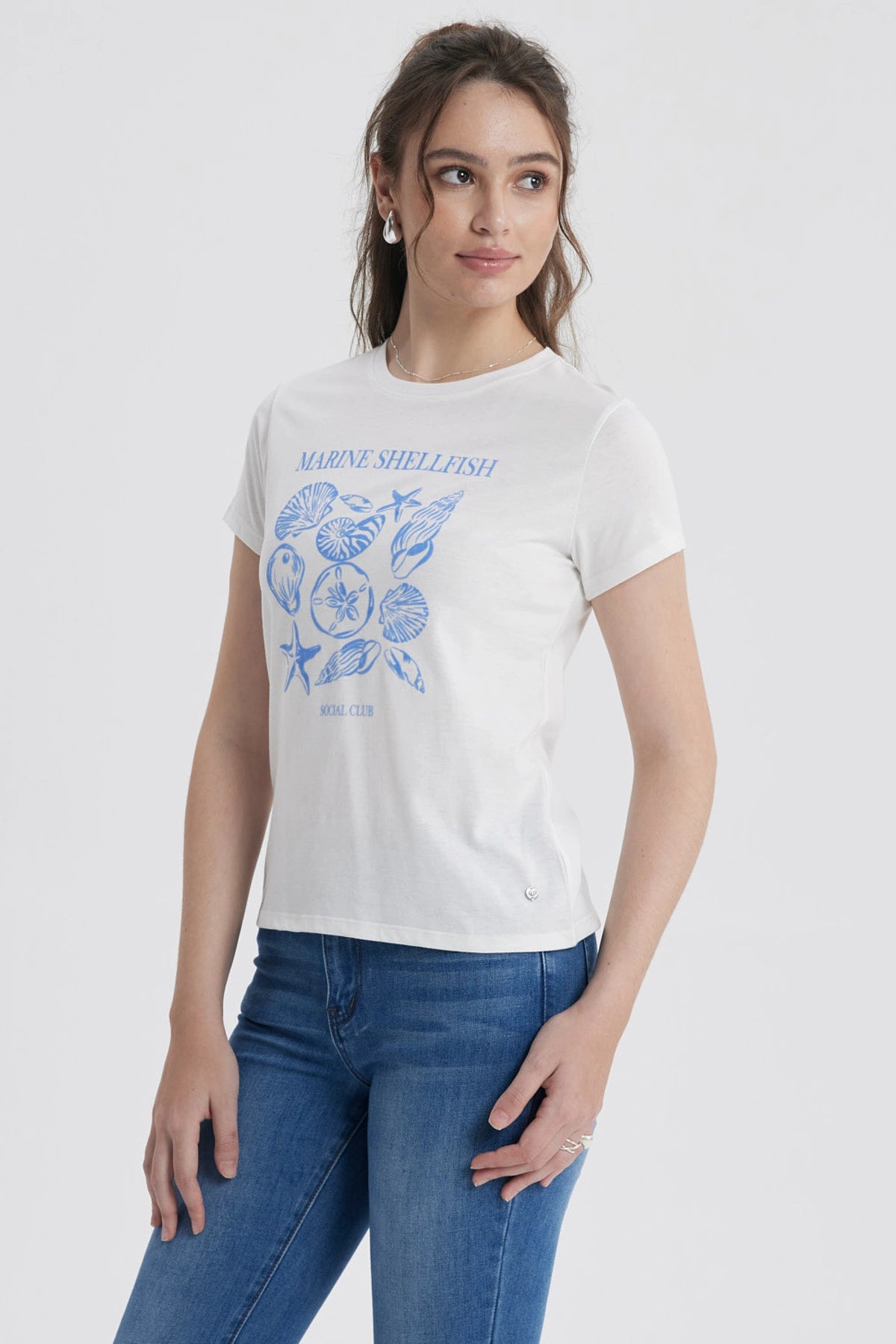 Polera Mujer Básica Print Diseño Crudo/Celeste