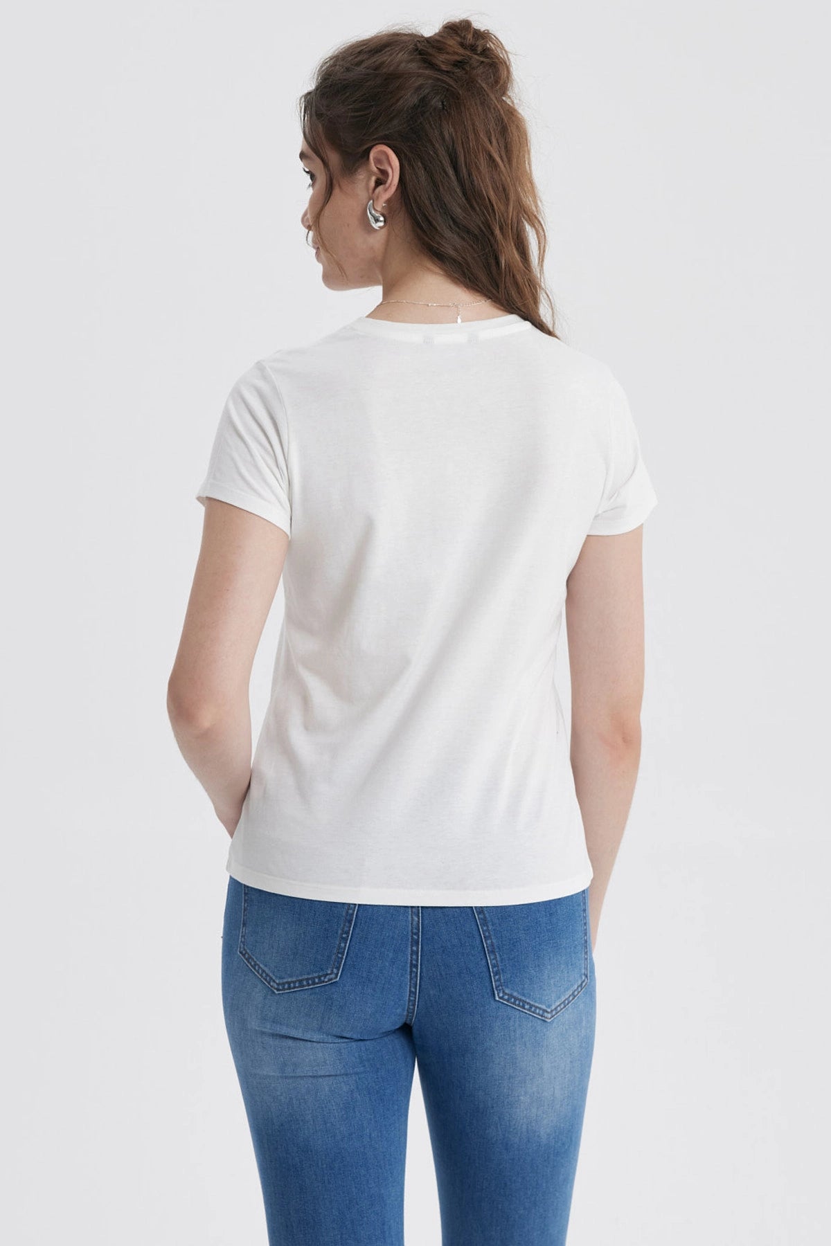 Polera Mujer Básica Print Diseño Crudo/Celeste