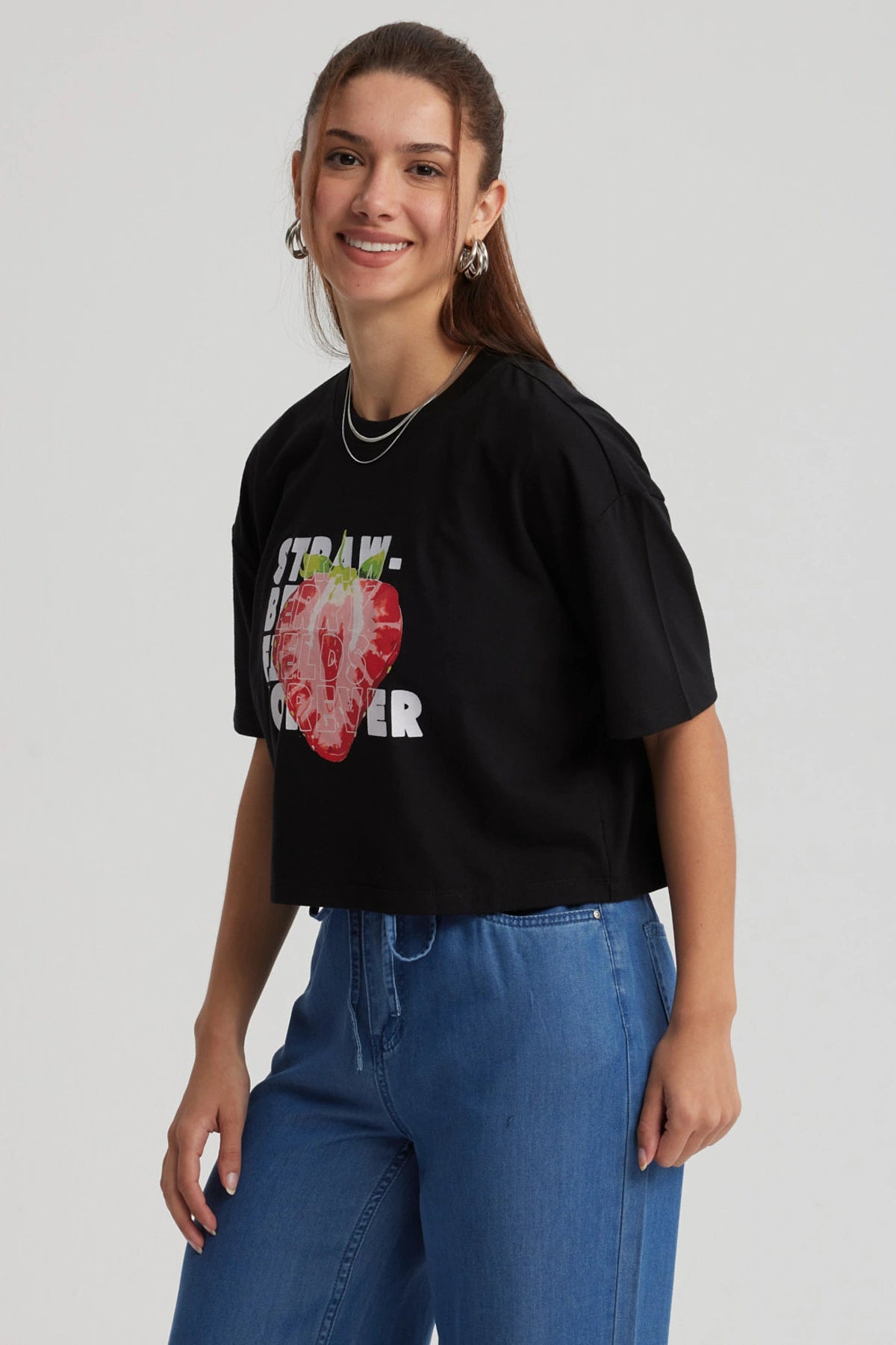 Polera Mujer Print Crop Negro / Rojo