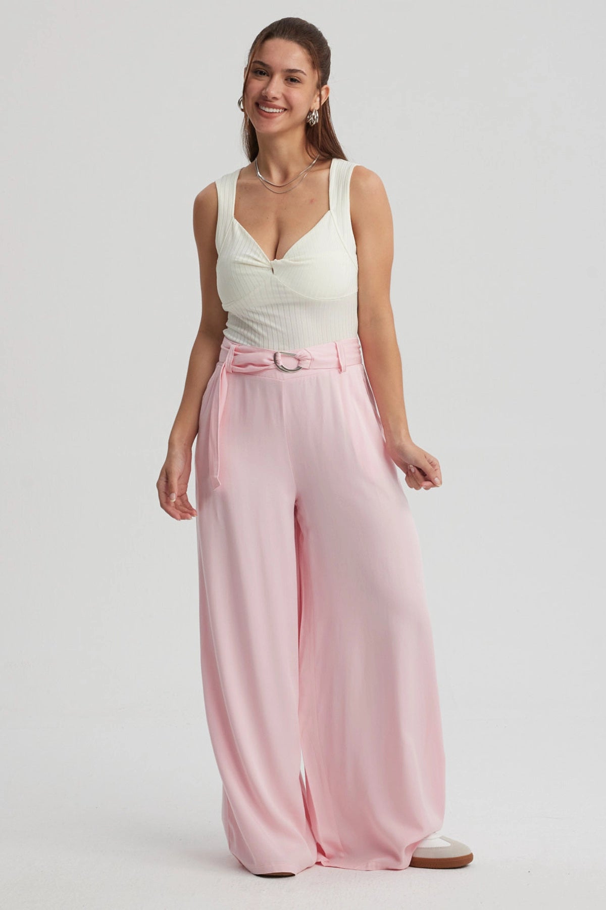 Pantalón Mujer Palazzo Cinturón Rosa