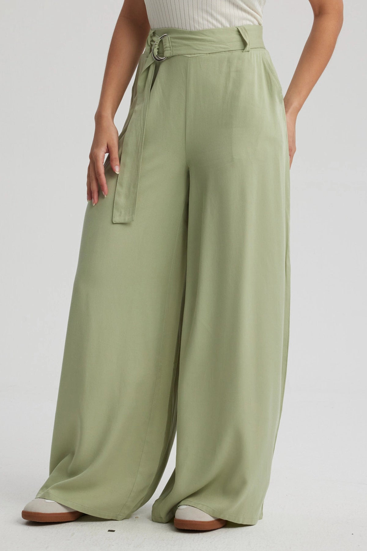 Pantalón Mujer Palazzo Cinturón Verde