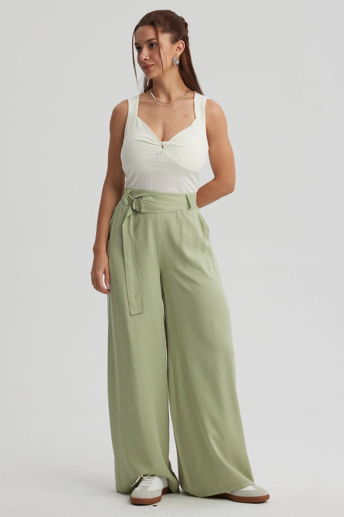 Pantalón Mujer Palazzo Cinturón Verde