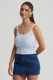 Polera Mujer Encaje Escote Celeste Oscuro