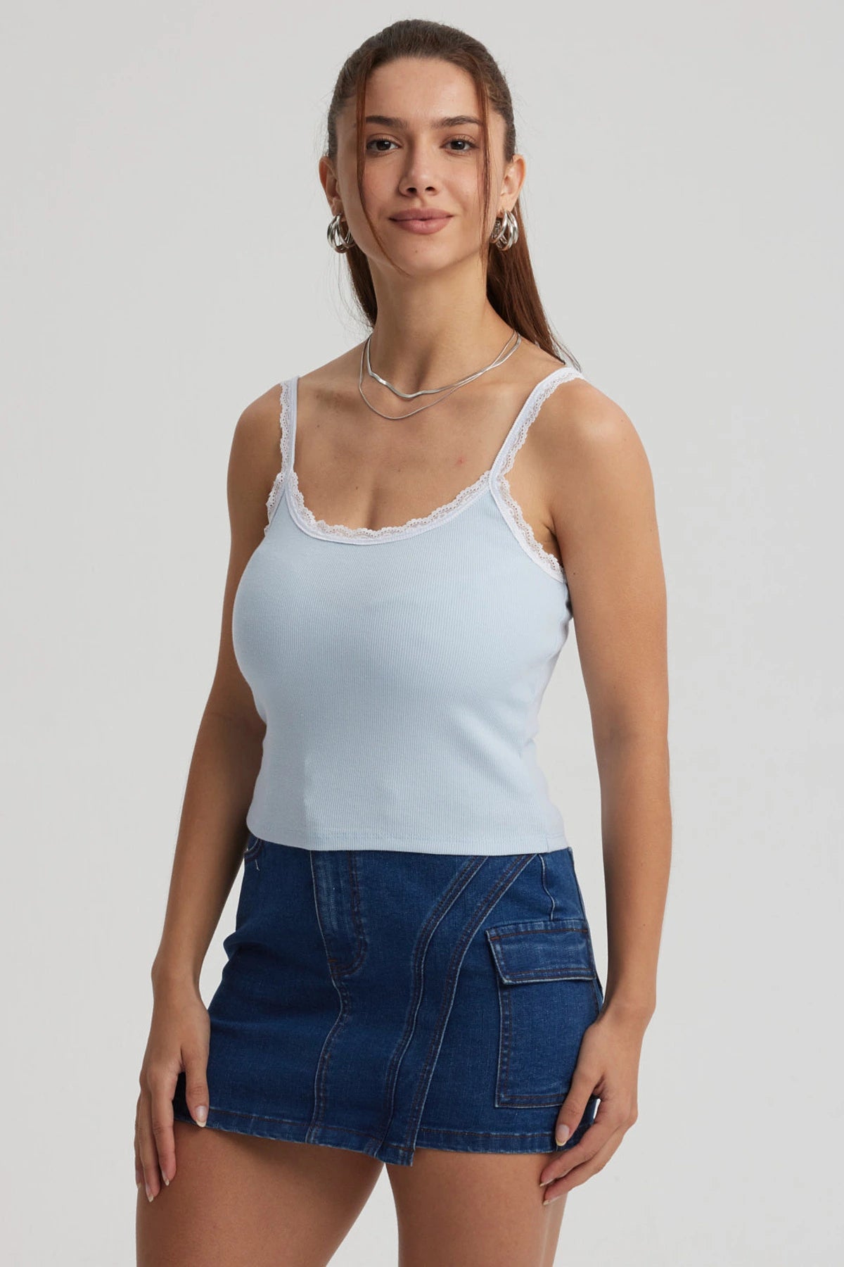 Polera Mujer Encaje Escote Celeste Oscuro