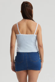 Polera Mujer Encaje Escote Celeste Oscuro