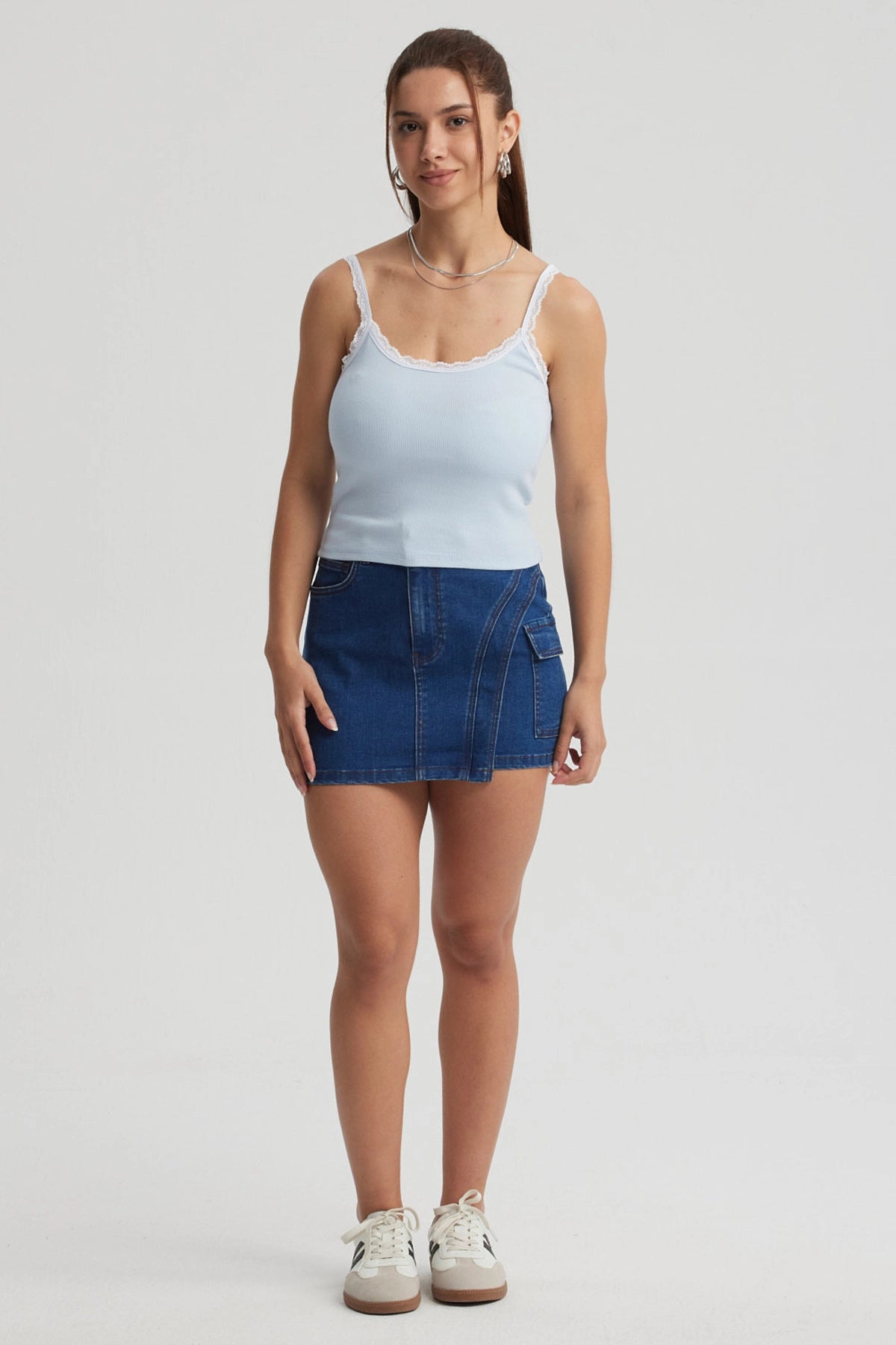 Polera Mujer Encaje Escote Celeste Oscuro