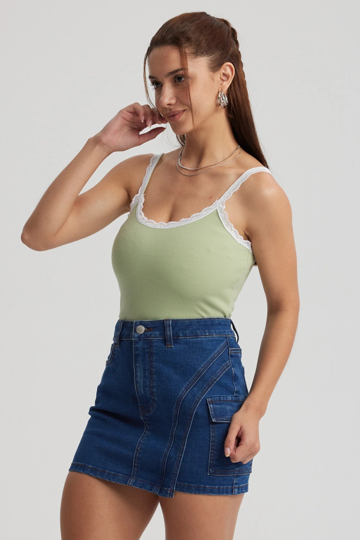 Polera Mujer Encaje Escote Verde Claro