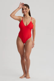 Traje de Baño Mujer Entero Escote Profundo Rojo