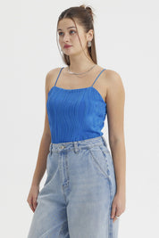 Polera mujer pabilo azul con textura ondulada sin estampa lisa ideal para días cálidos y looks casuales