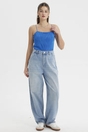 Polera mujer pabilo azul con textura ondulada sin estampa lisa ideal para días cálidos y looks casuales
