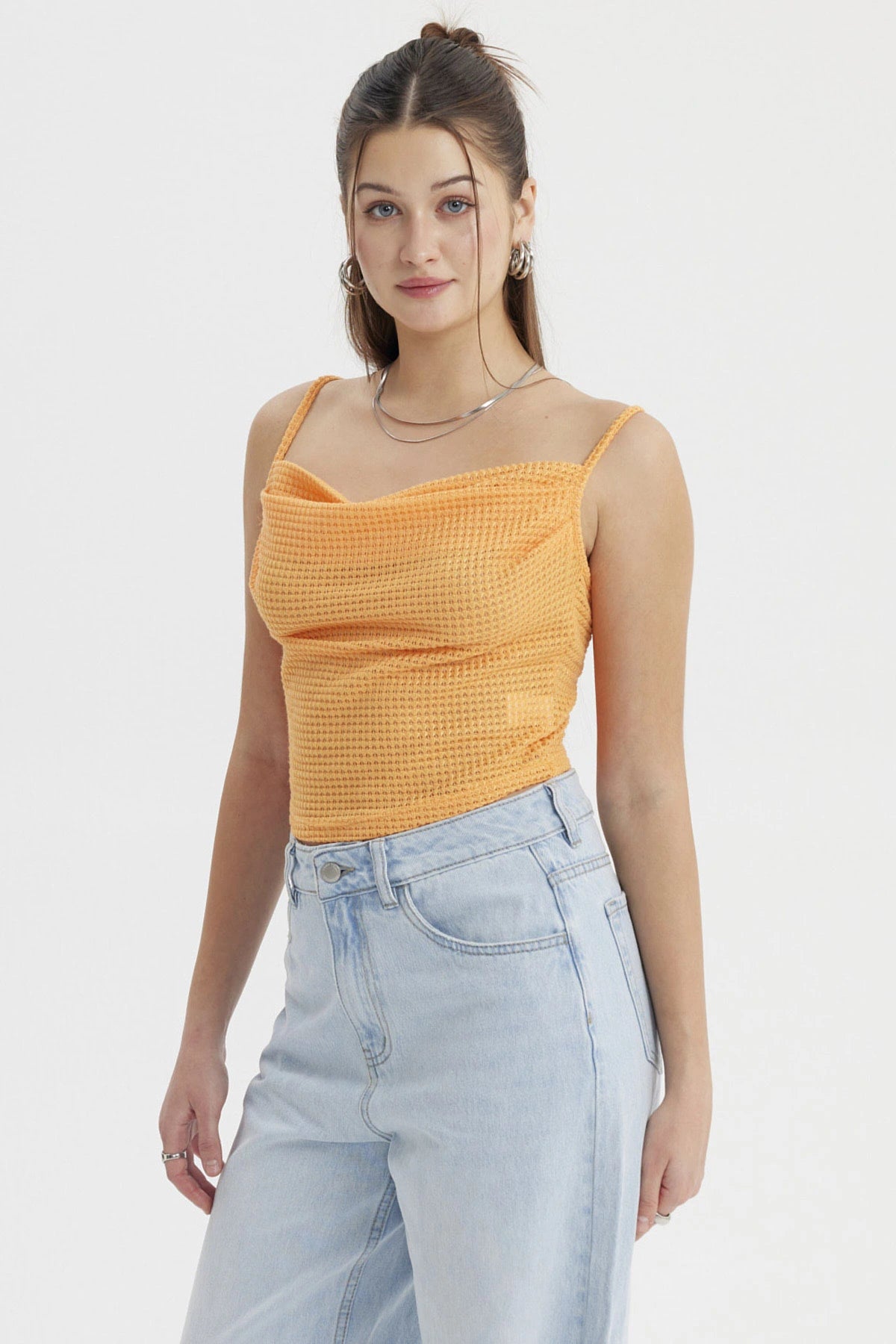 Polera Mujer Escote Drapeado Naranjo