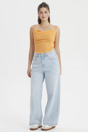 Polera Mujer Escote Drapeado Naranjo